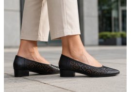 Pantofi dama negri din piele naturala perforati cu toc mic gros CLP03N